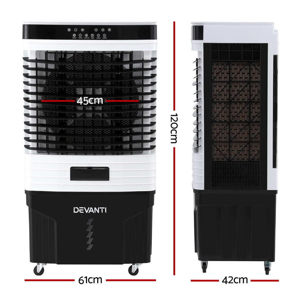 Evaporative air cooler shown from front and side, white upper housing, black base, casters