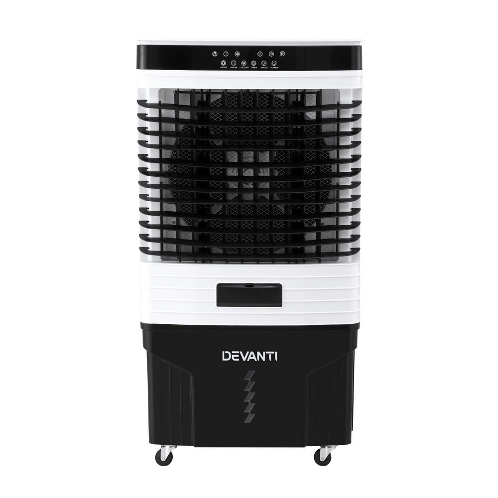 Evaporative air cooler front view with black fan grille, central display window, white and black cabinet