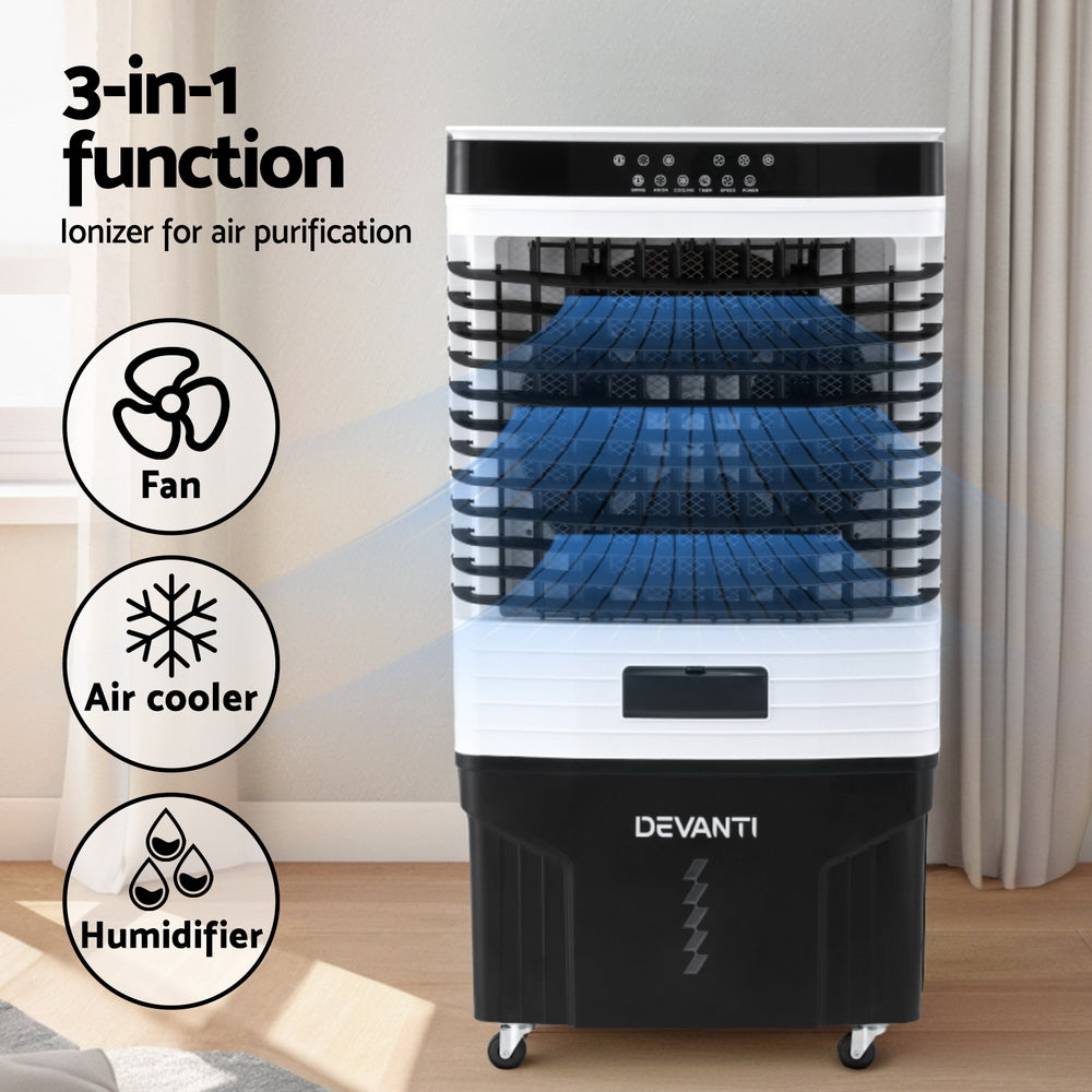 Evaporative air cooler with blue cooling media behind black fan grille, white and black body