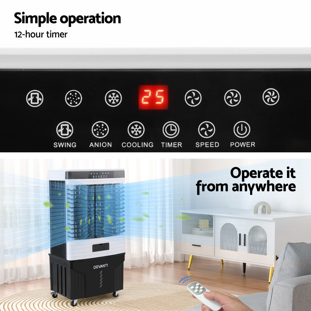 Evaporative air cooler control panel with glowing red temperature display, white and black housing