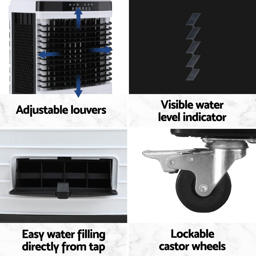 Evaporative air cooler features: adjustable louvers, water level indicator, easy-fill opening, lockable wheels