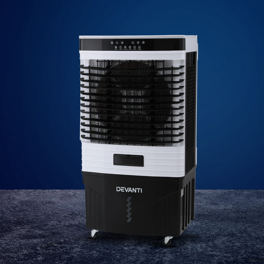 Evaporative air cooler with Devanti logo, black mesh grille, white top and black base, casters