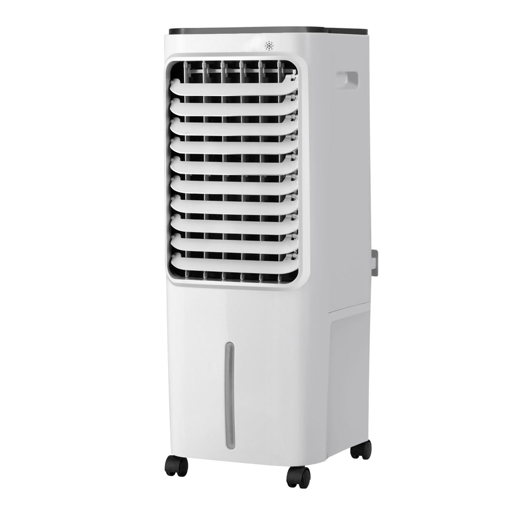 Devanti evaporative air cooler with front cooling pad grille, white body, castor wheels