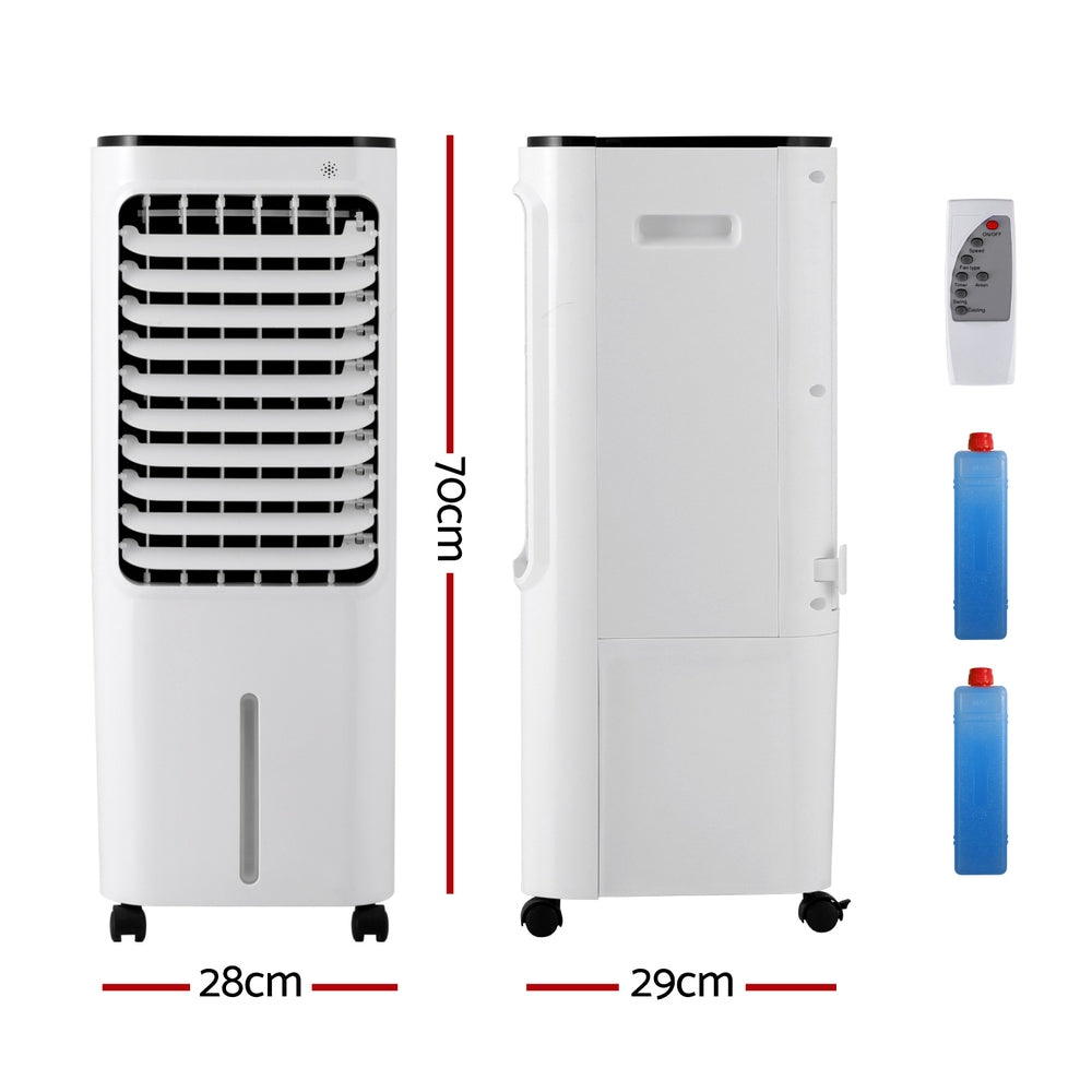 White evaporative air cooler side view with wheels and rear handle, front cooling grille