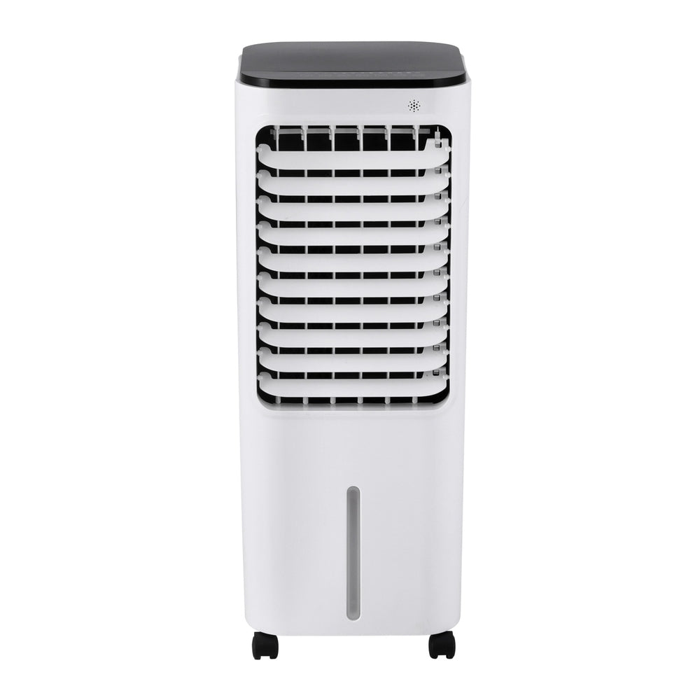 White evaporative air cooler front grille and top panel, on four caster wheels