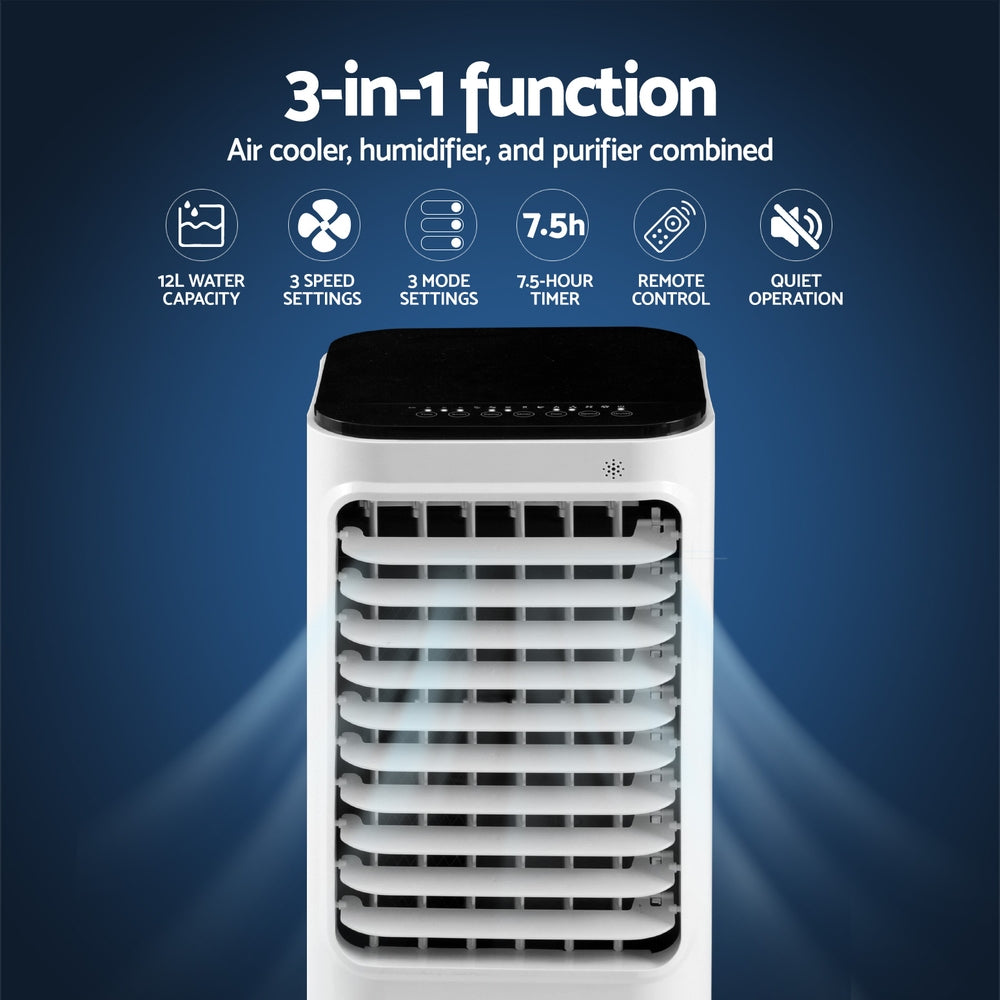 White evaporative air cooler with open front cooling grille and dark top panel