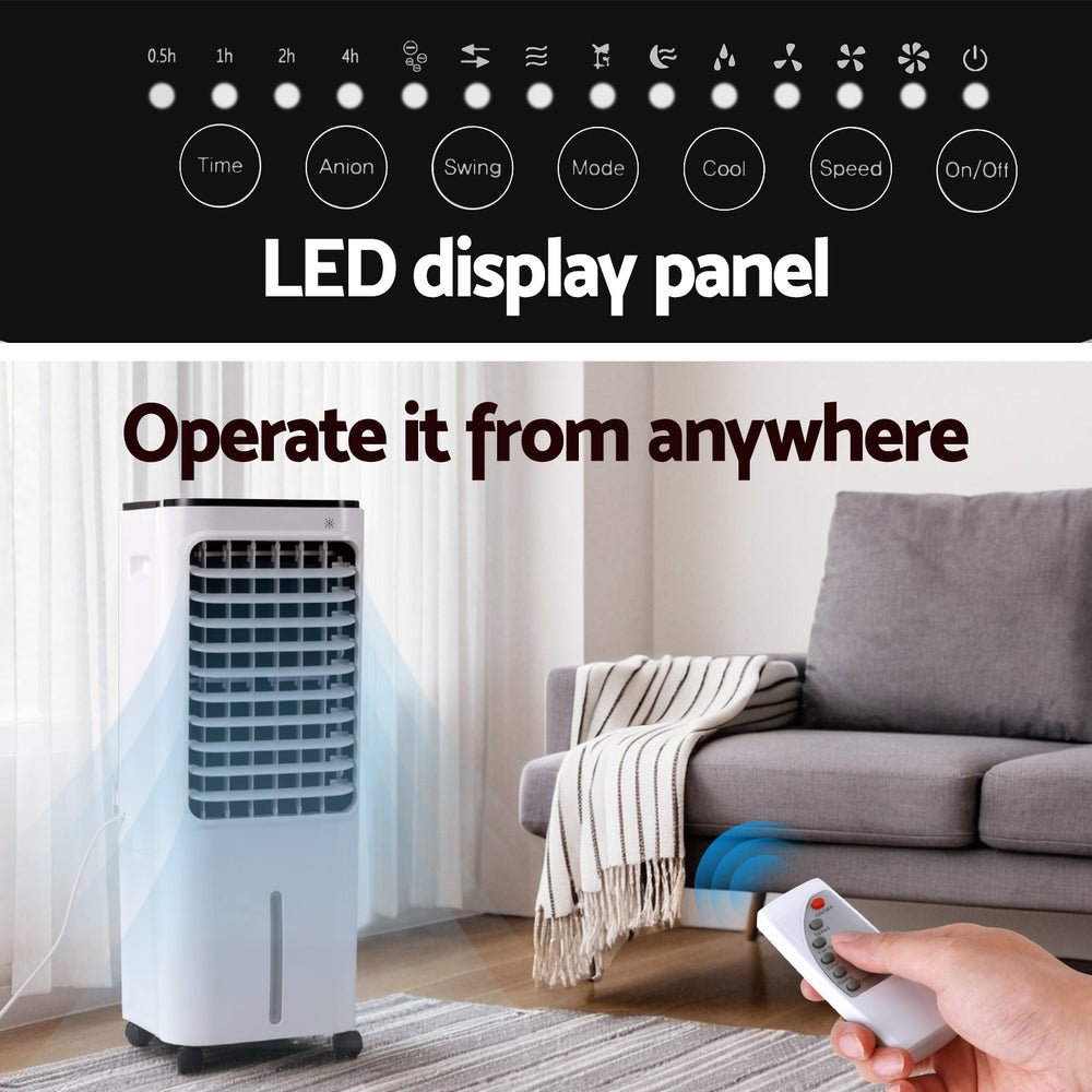 Evaporative air cooler with LED control icons on top panel, remote control included