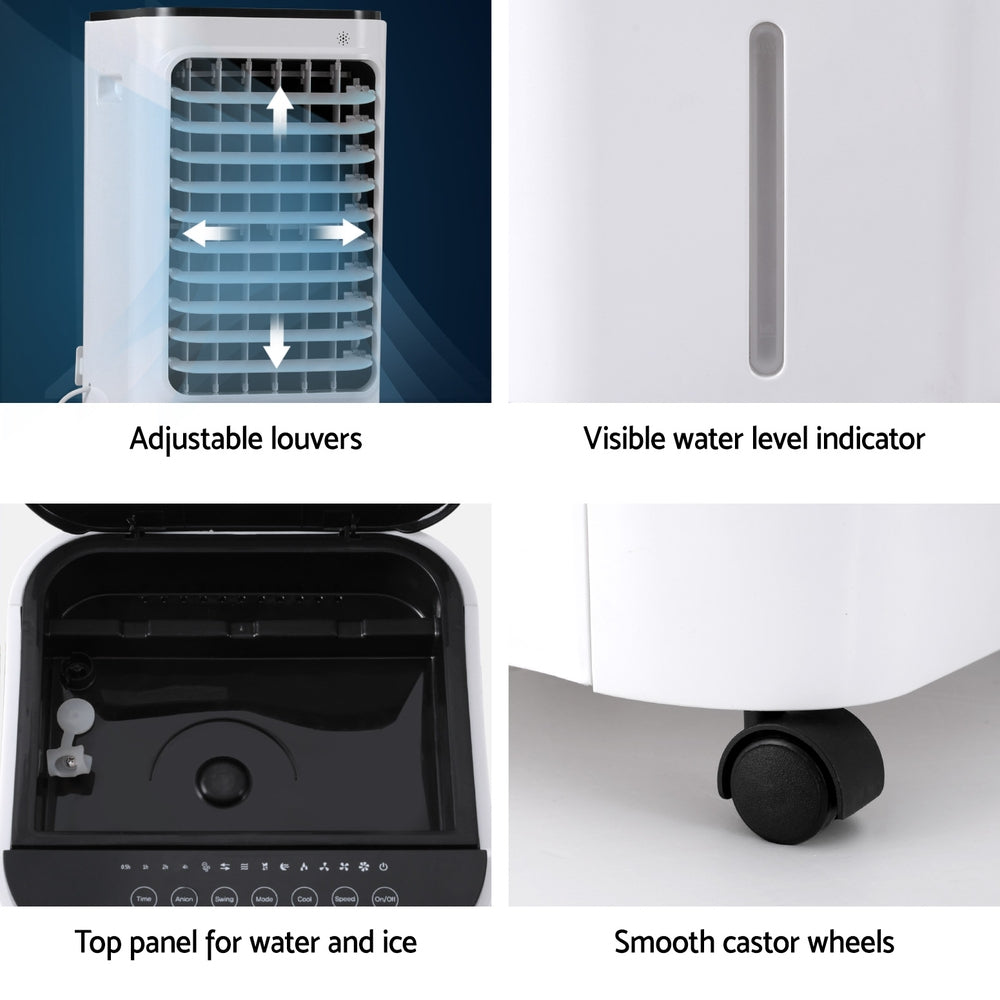Evaporative air cooler with adjustable louvers, water level indicator, and caster wheels