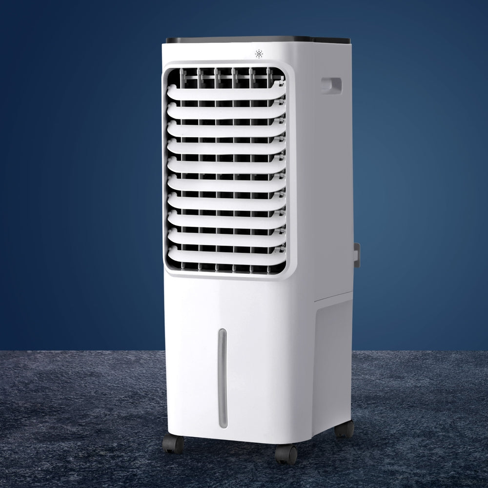 White evaporative air cooler front view with cooling grille and side water access slot