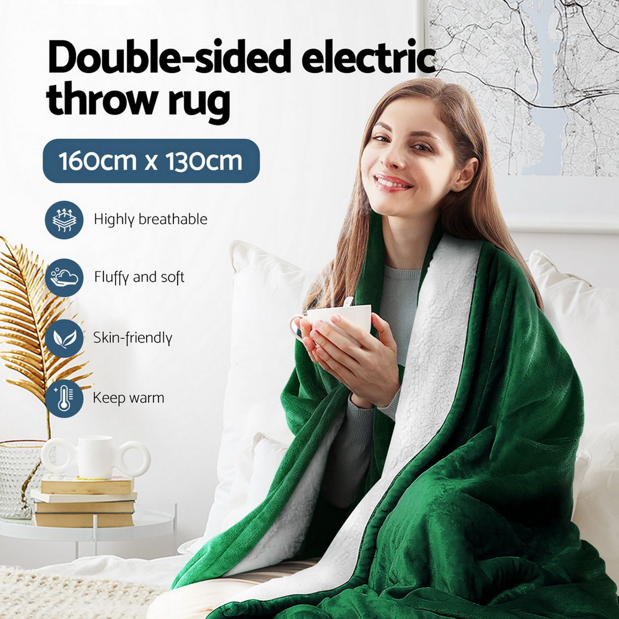 Giselle Electric Throw Rug Heated Blanket Double Sided Green Bedworld