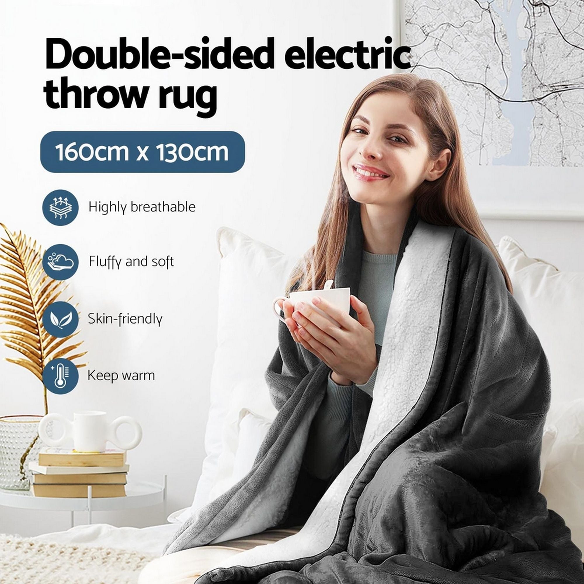 Giselle Electric Throw Rug Heated Blanket Washable Snuggle Flannel Winter Grey Bedworld
