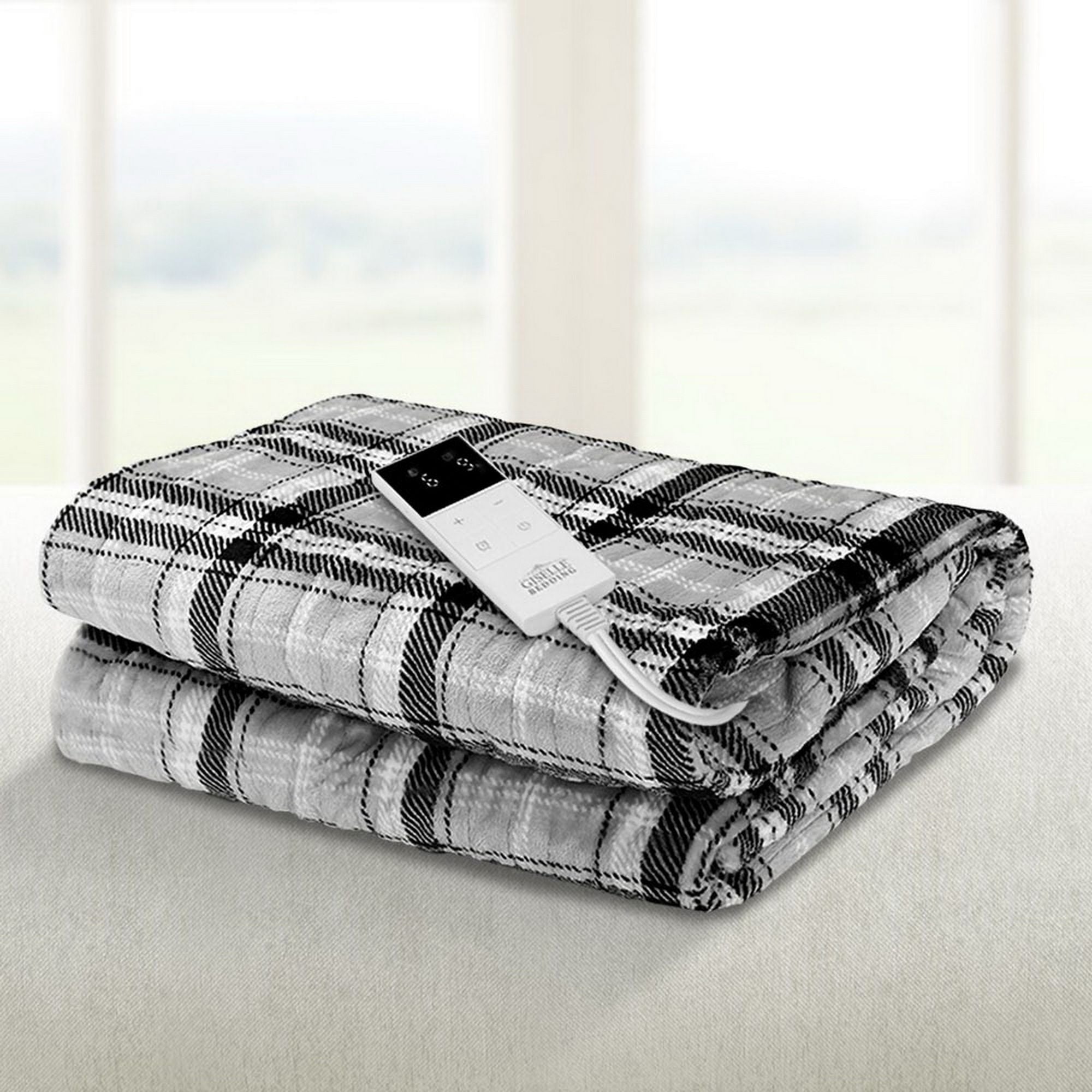 Giselle Bedding Electric Throw Rug Flannel Snuggle Blanket Washable Heated Grey and White Checkered Bedworld
