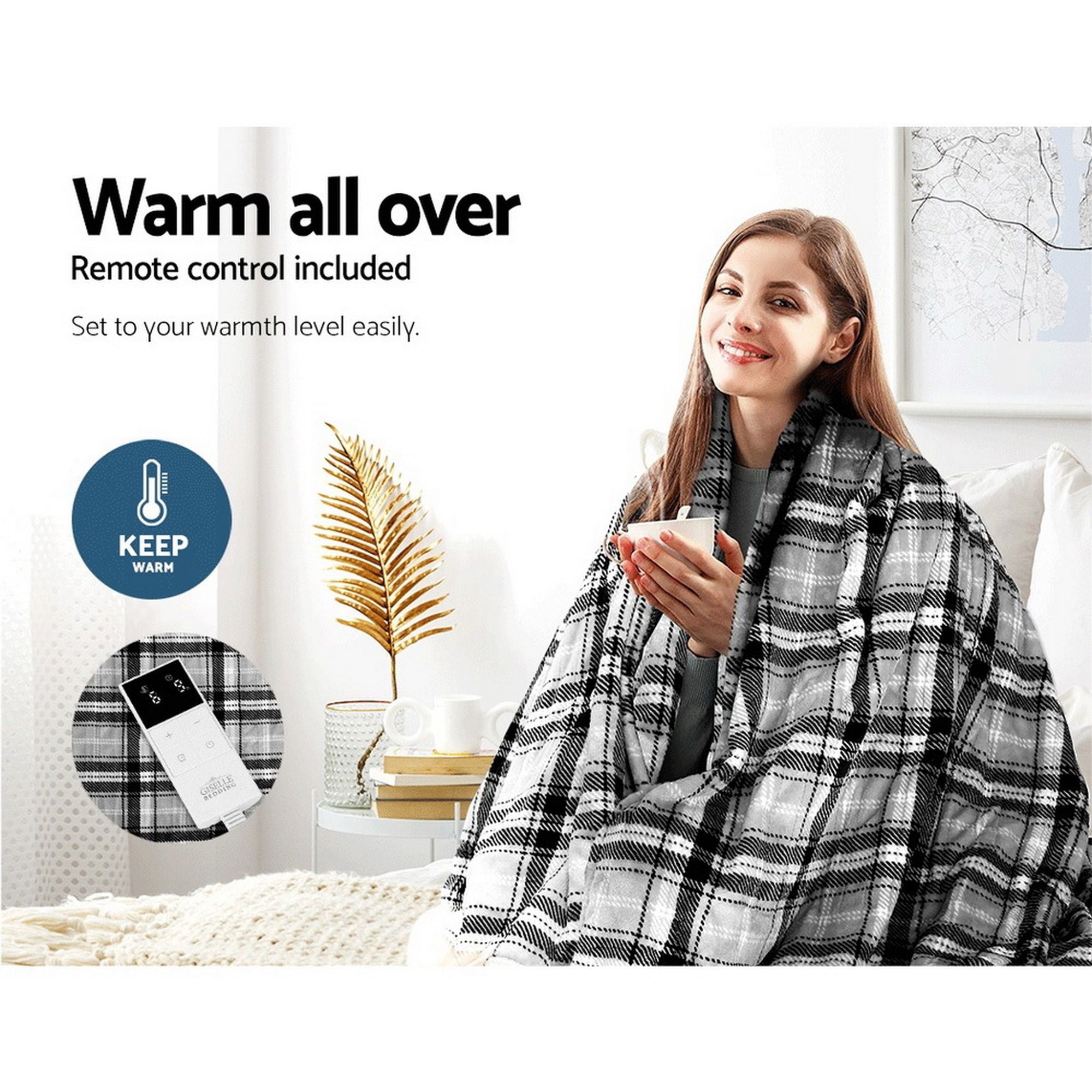 Giselle Bedding Electric Throw Rug Flannel Snuggle Blanket Washable Heated Grey and White Checkered Bedworld