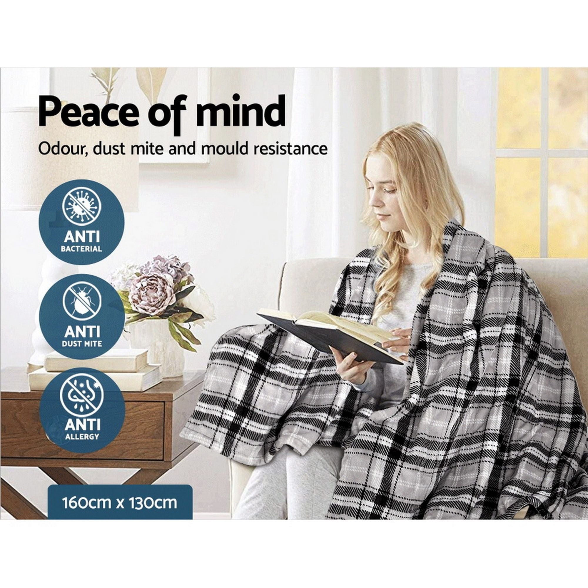Giselle Bedding Electric Throw Rug Flannel Snuggle Blanket Washable Heated Grey and White Checkered Bedworld