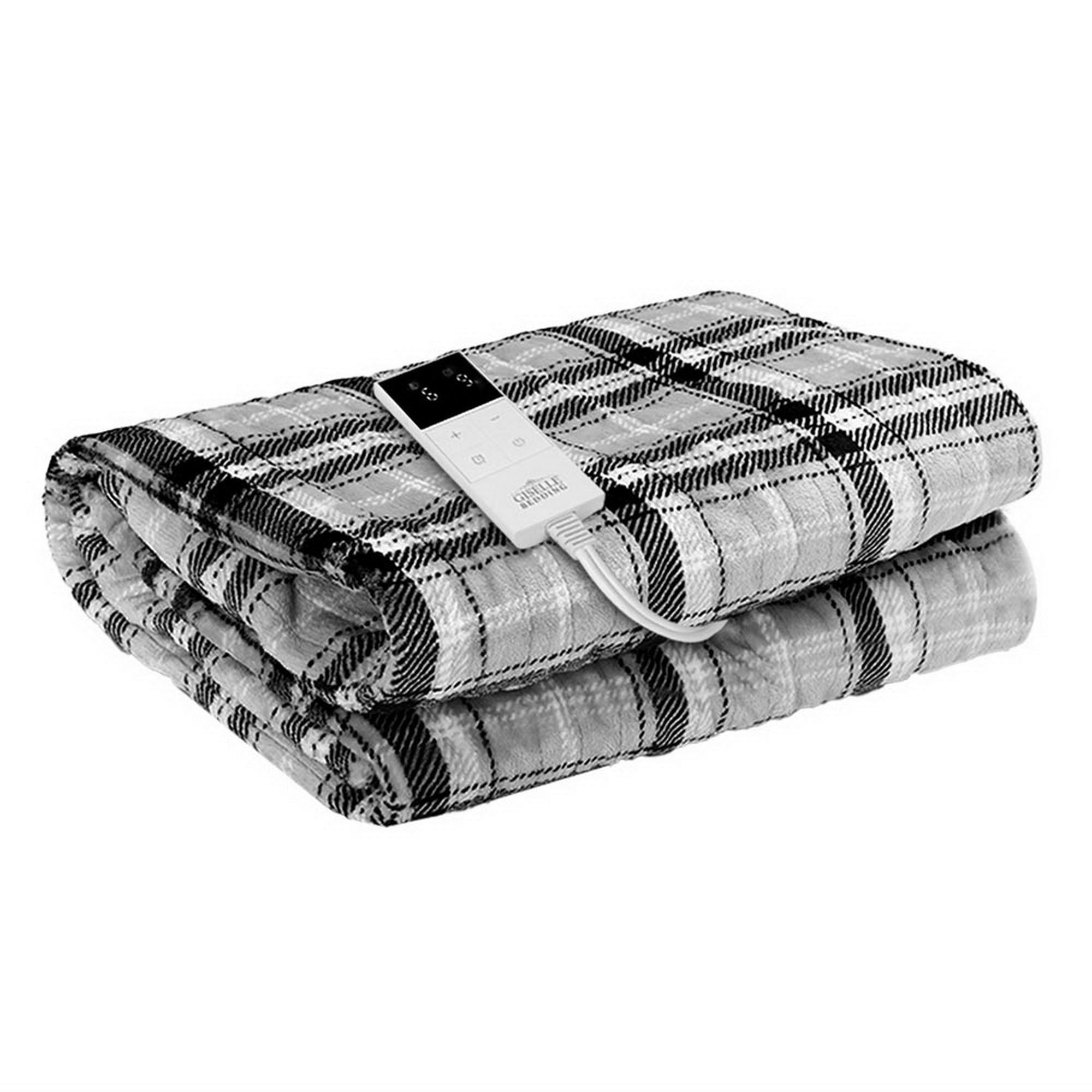 Giselle Bedding Electric Throw Rug Flannel Snuggle Blanket Washable Heated Grey and White Checkered Bedworld