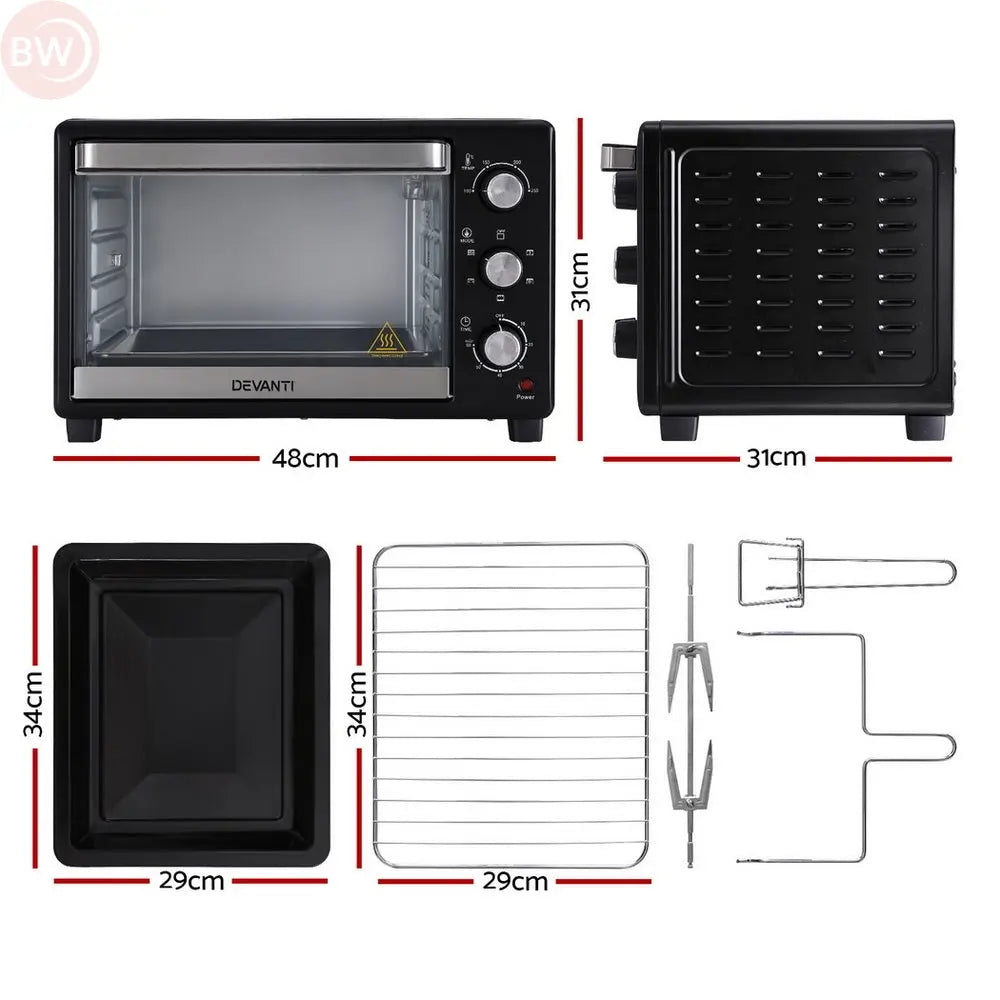 Electric convection oven with included baking tray, wire rack, and rotisserie accessories, size shown