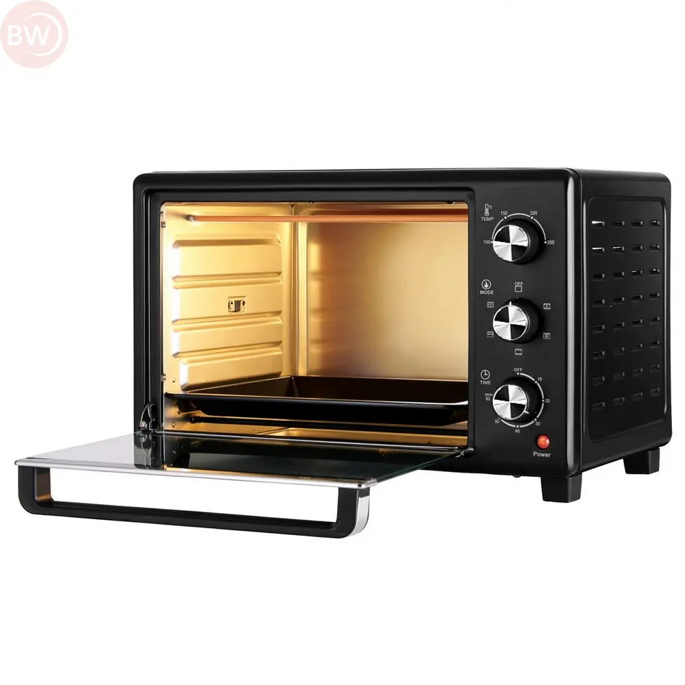 Electric convection oven side view with door open, black exterior, control knobs on right, empty rack