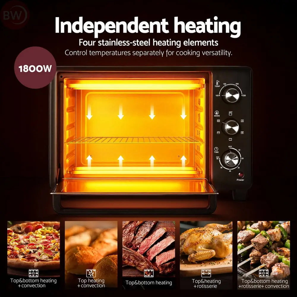 Electric convection oven with door open showing glowing stainless heating elements and empty cooking cavity