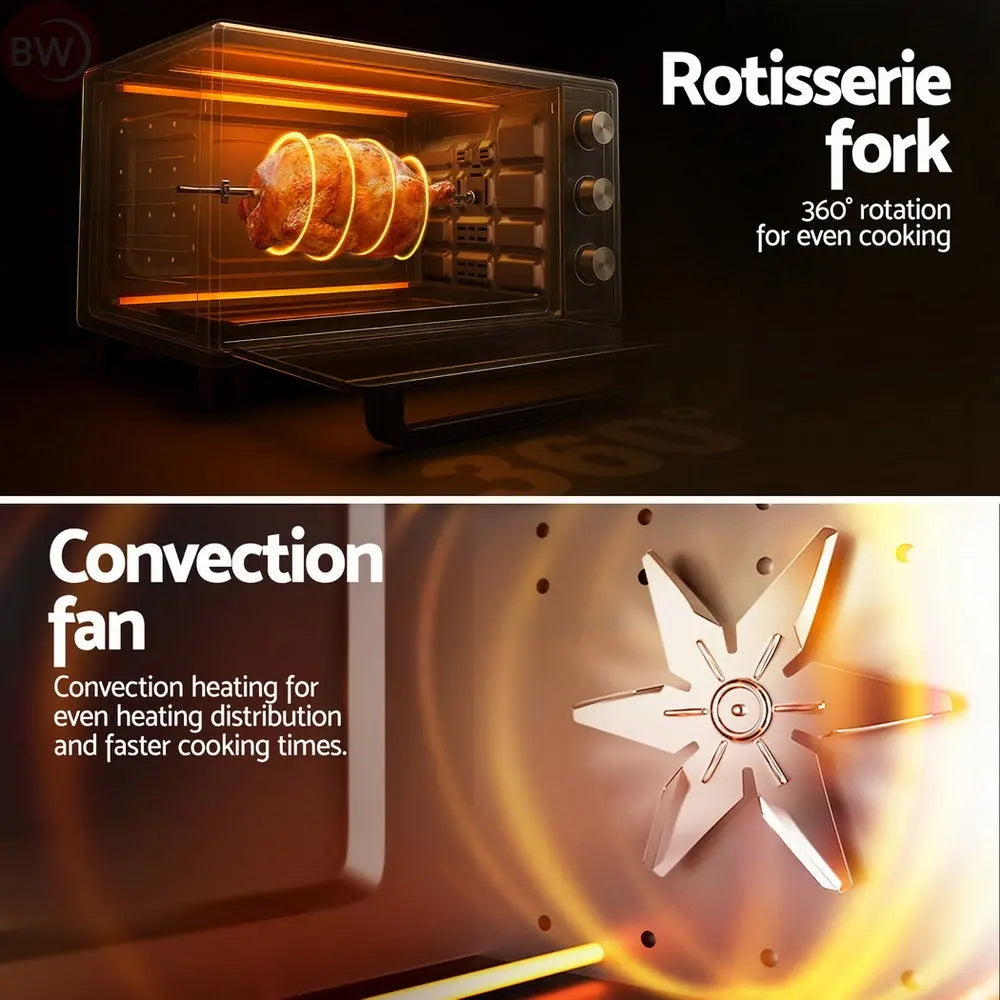 Electric convection oven with rotisserie fork on spit inside, door open, convection airflow fan graphic