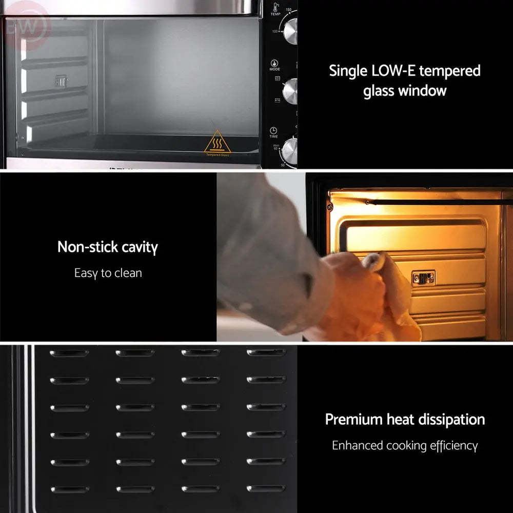 Electric convection oven showing tempered glass window, non-stick interior cavity, and heating efficiency design