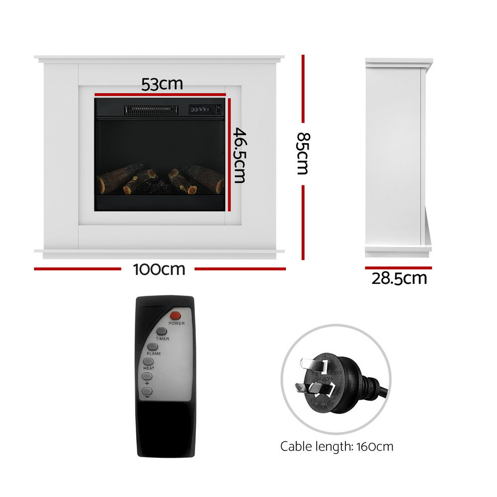 White electric fireplace heater with dimensions and included black remote control.