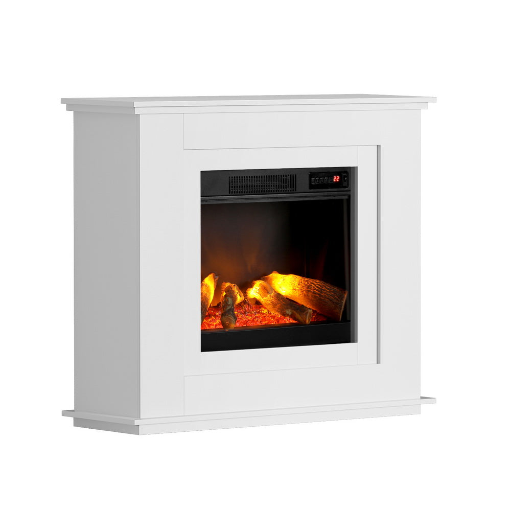 White electric fireplace heater with viewing window and glowing flame effect.