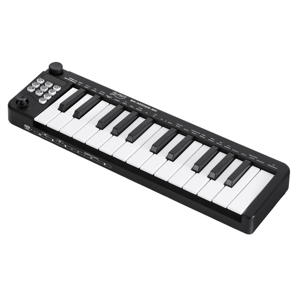 25-key MIDI keyboard controller in black with white and black keys and side controls