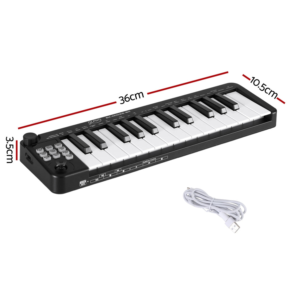 Compact black 25-key MIDI keyboard controller with connected USB cable