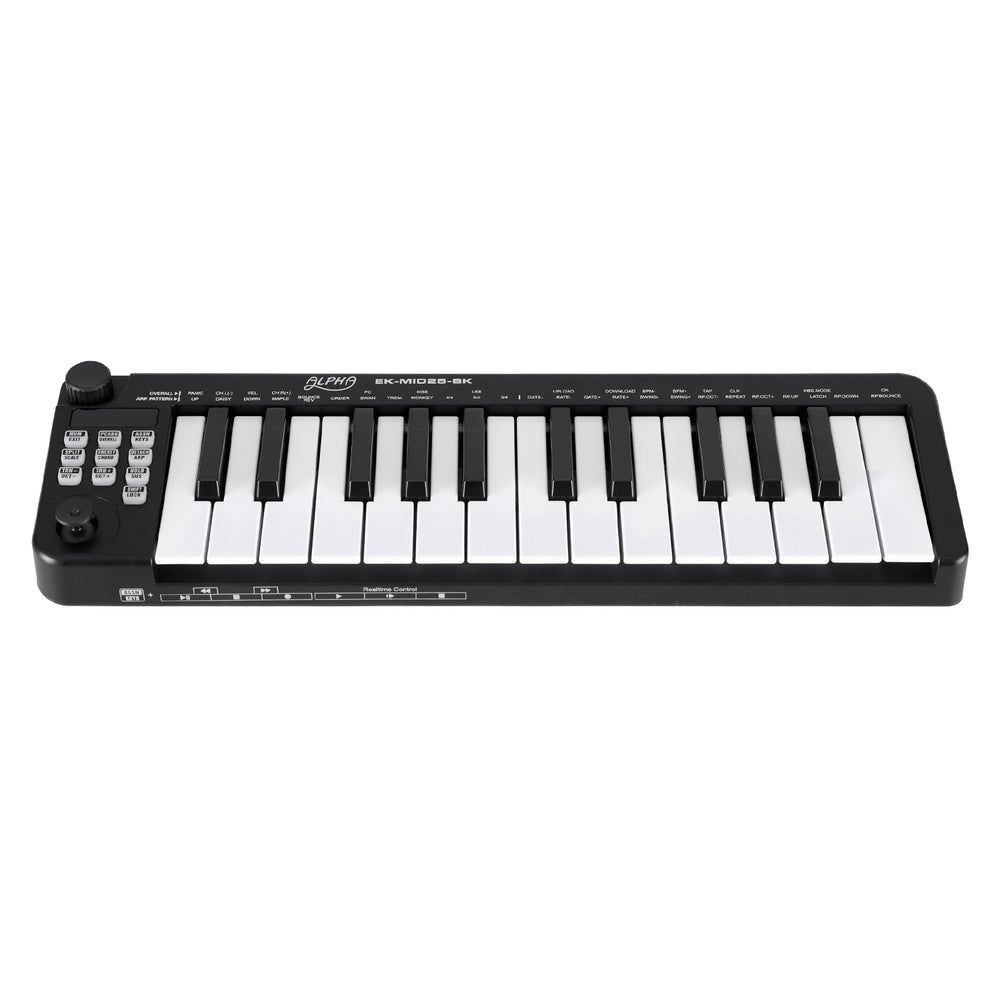 Black 25-key MIDI keyboard controller with white keys and black control panel