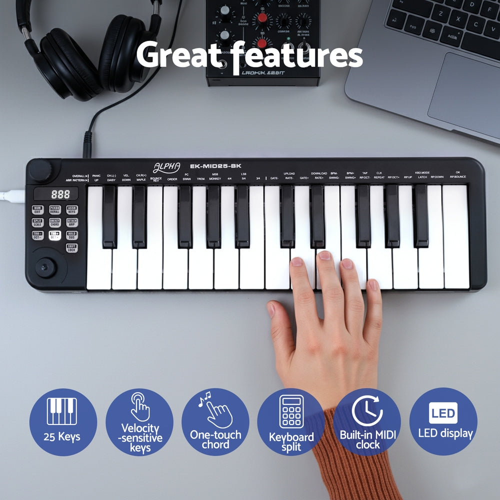 Black 25-key MIDI keyboard controller with glowing display and hand on white keys