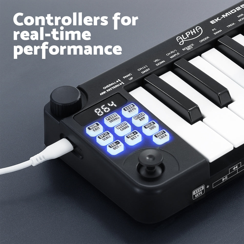 Black 25-key MIDI keyboard controller with backlit buttons and pitch/mod controls
