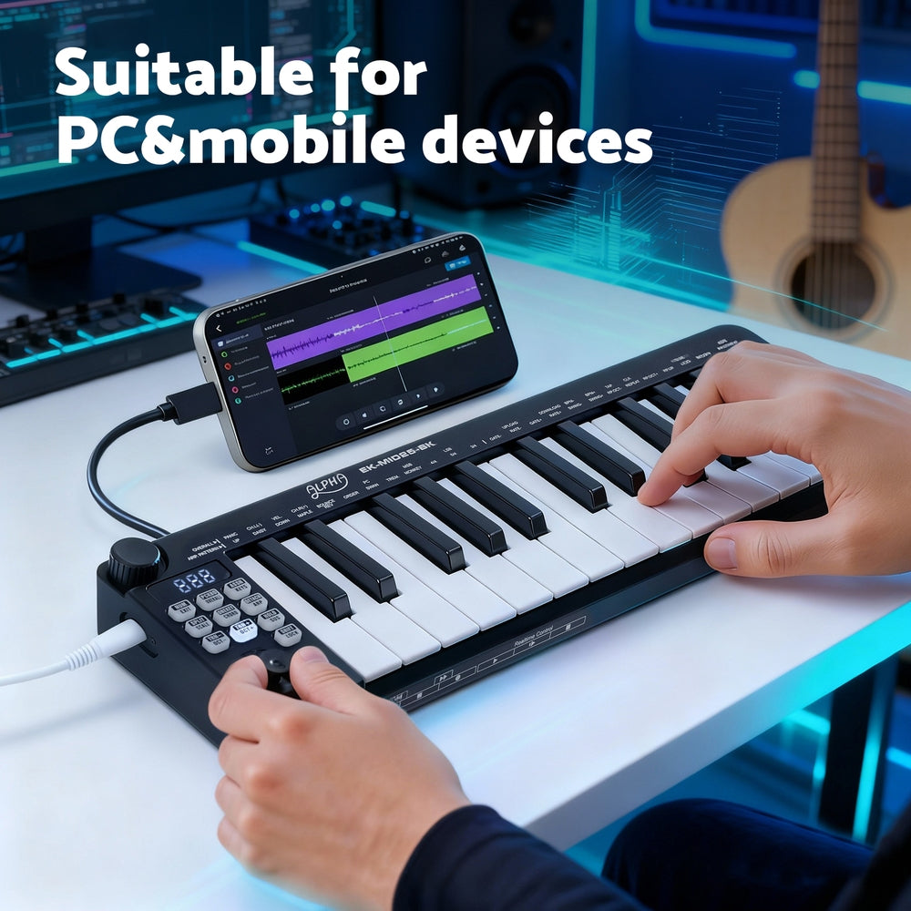 Black 25-key MIDI keyboard controller with hands on keys for PC or mobile use