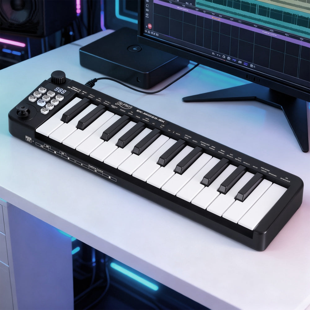 Black 25-key MIDI keyboard controller on a desk with white and black keys