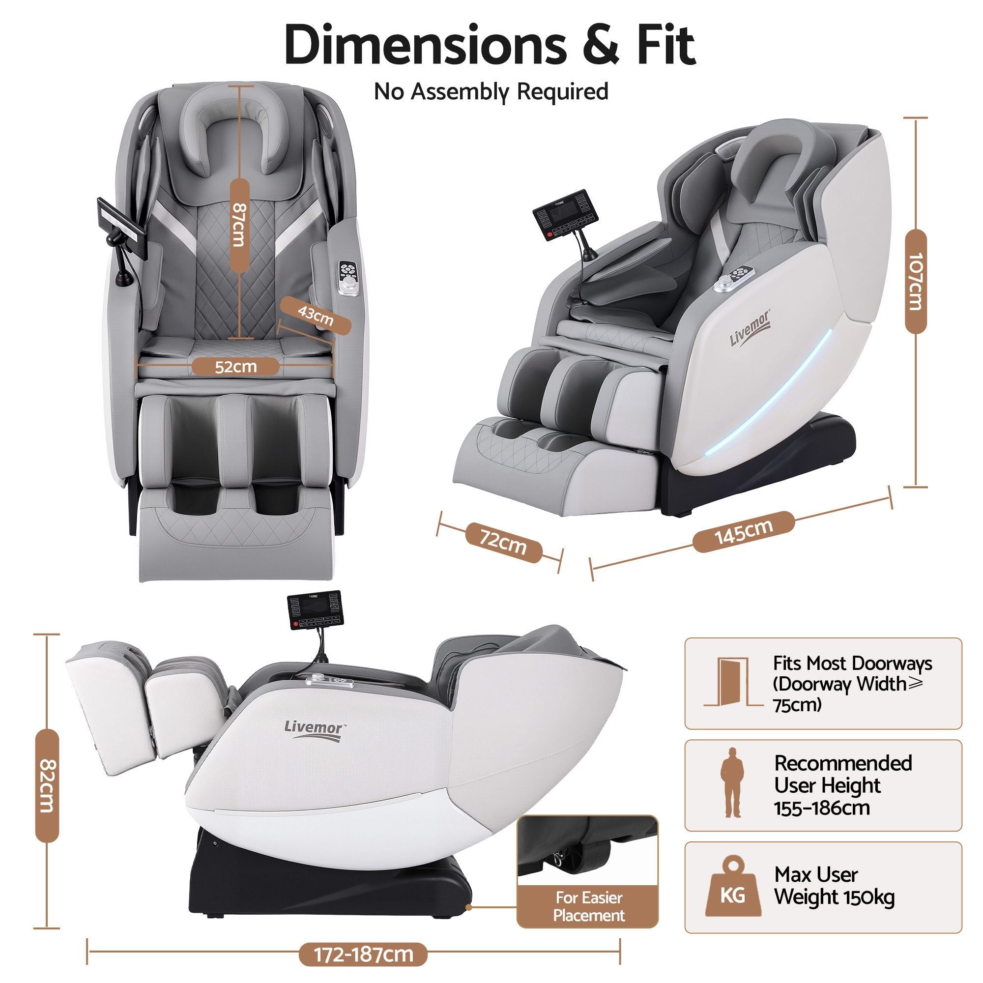 Livemor FLEX Full Body Massage Chair, Zero Gravity, Airbags, Recliner, Dual-Zone Waist & Calf Heat, 5 Auto Programs, 15cm Leg Extension for Different Height, Voice Control, Bluetooth Speakers Bedworld