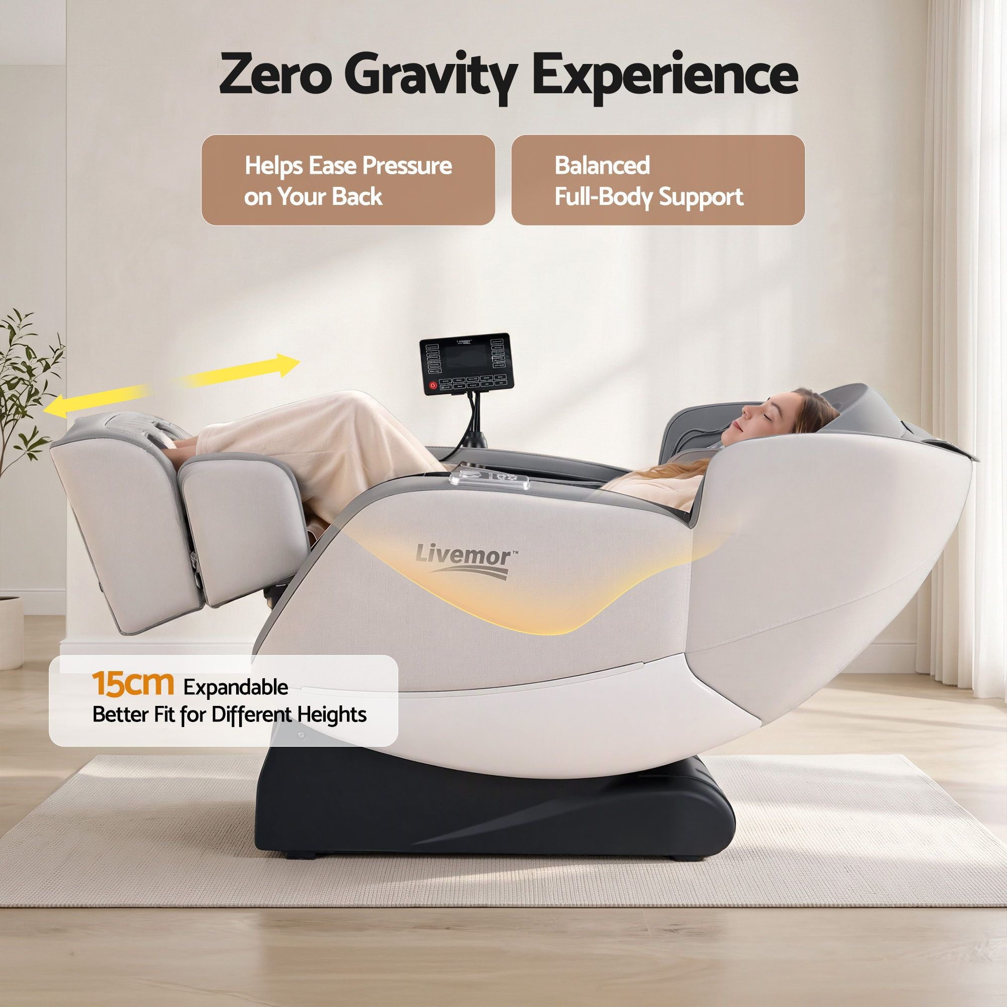 Livemor FLEX Full Body Massage Chair, Zero Gravity, Airbags, Recliner, Dual-Zone Waist & Calf Heat, 5 Auto Programs, 15cm Leg Extension for Different Height, Voice Control, Bluetooth Speakers Bedworld