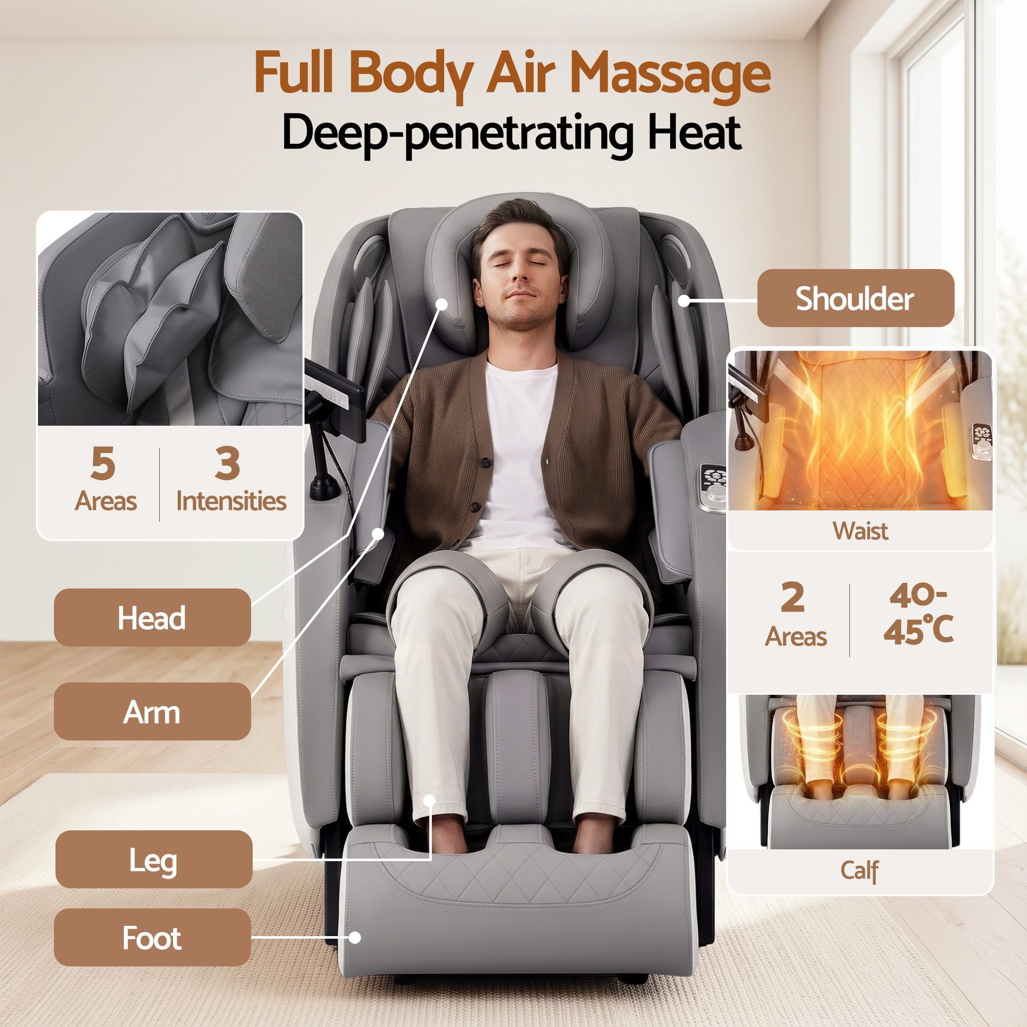 Livemor FLEX Full Body Massage Chair, Zero Gravity, Airbags, Recliner, Dual-Zone Waist & Calf Heat, 5 Auto Programs, 15cm Leg Extension for Different Height, Voice Control, Bluetooth Speakers Bedworld