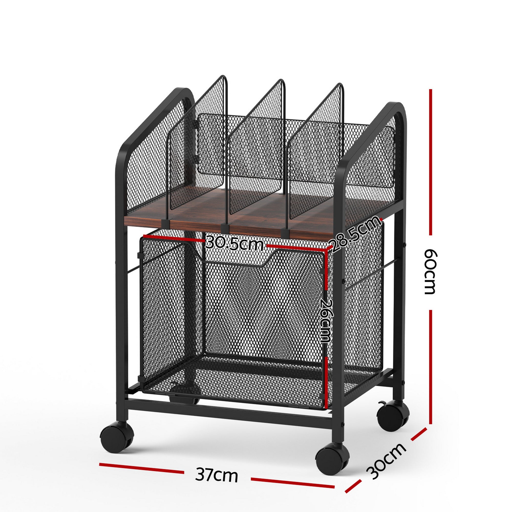 Rolling file cabinet organizer with mesh sides and wood top on locking casters