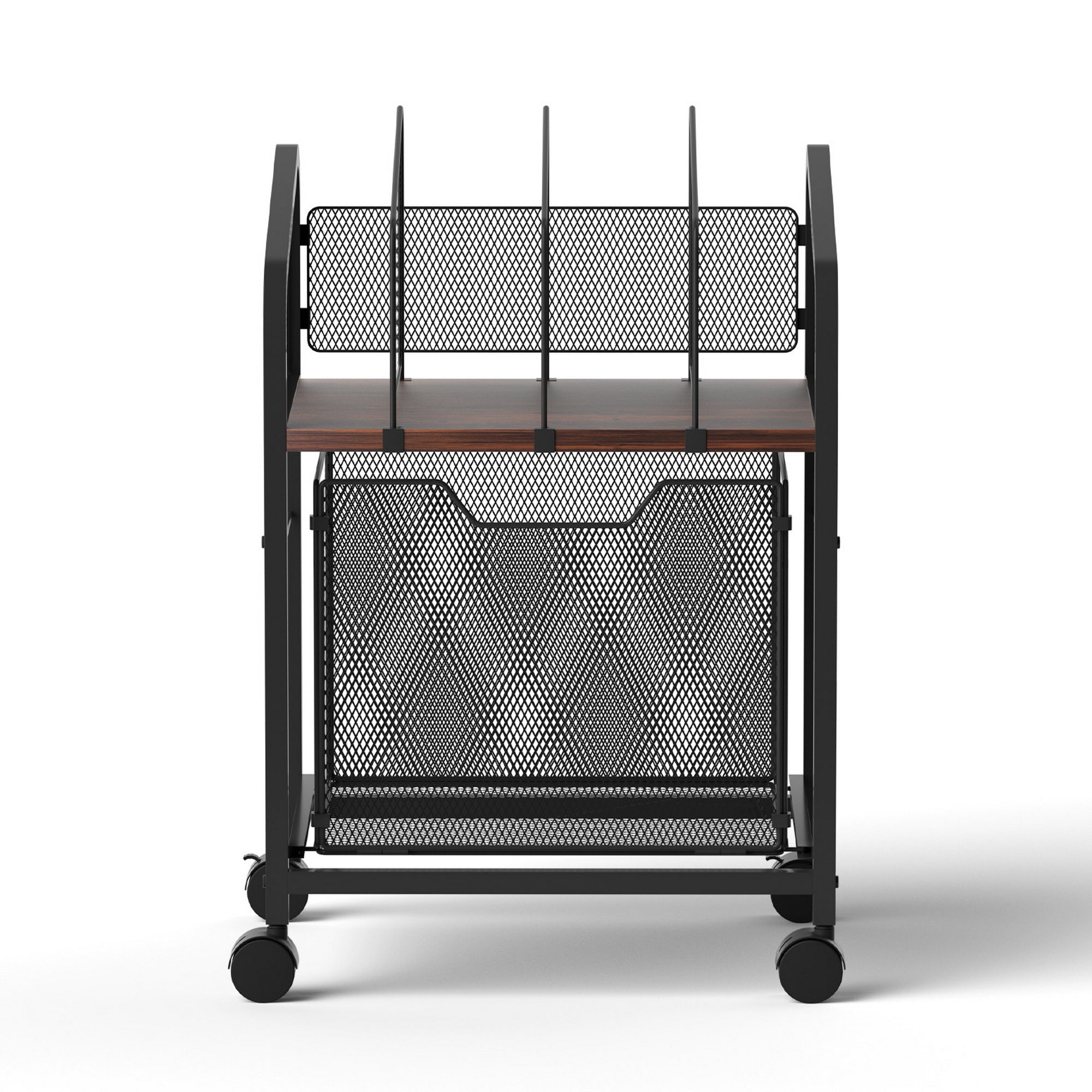 Rolling file cabinet organizer with mesh panels and wooden shelf, front view