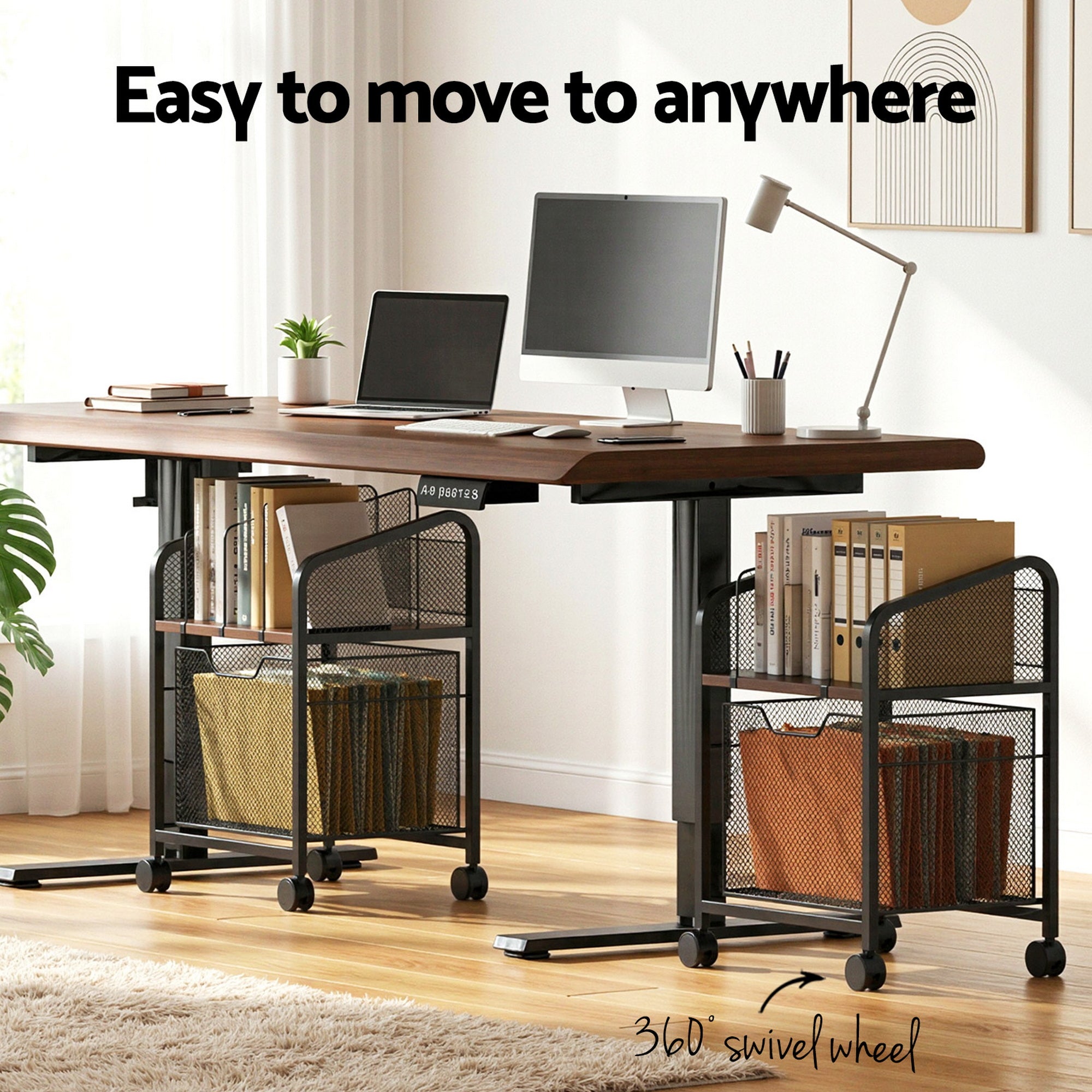 Rolling file cabinet organizer under a desk with mesh sides and caster wheels