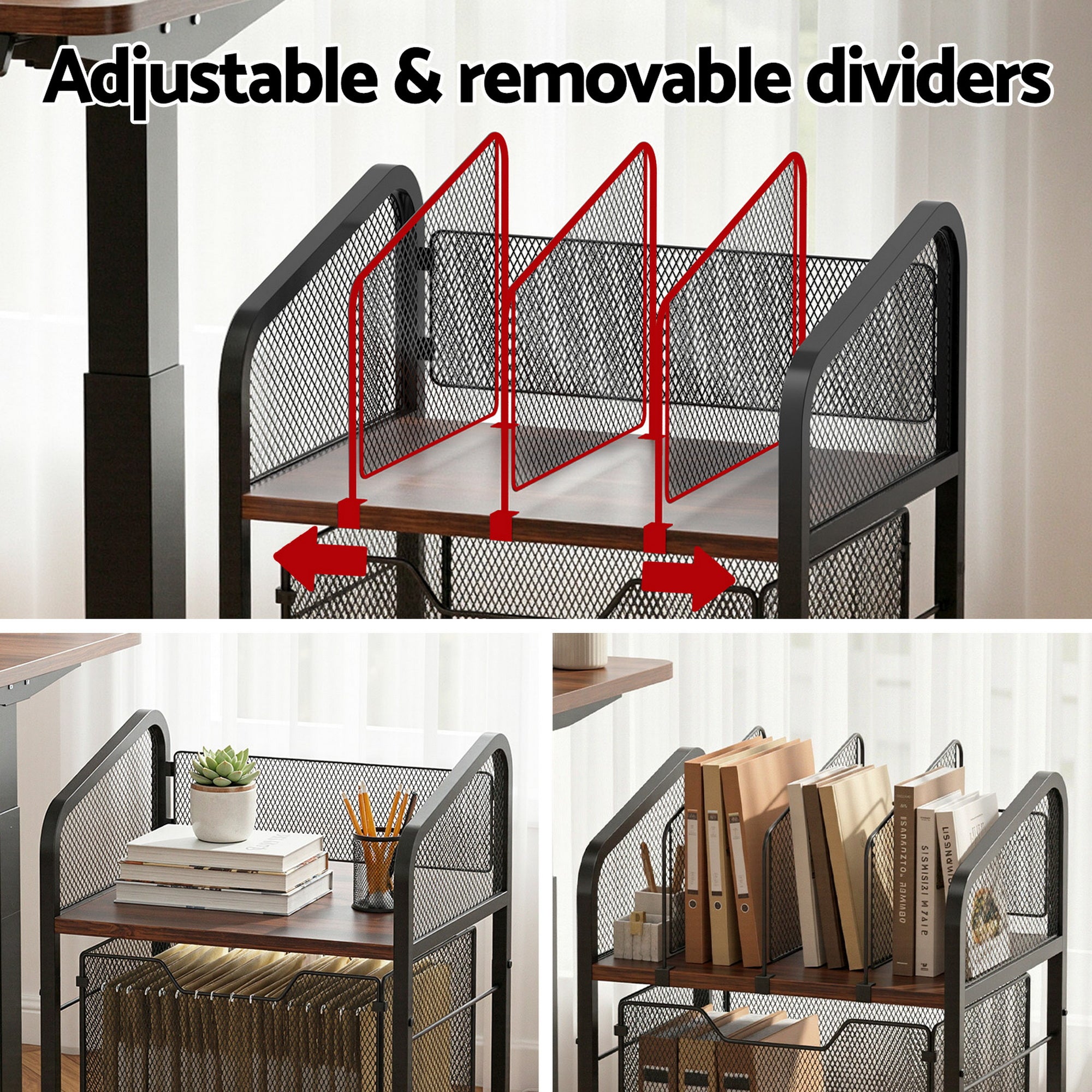 Rolling file cabinet organizer with adjustable mesh dividers and wood top