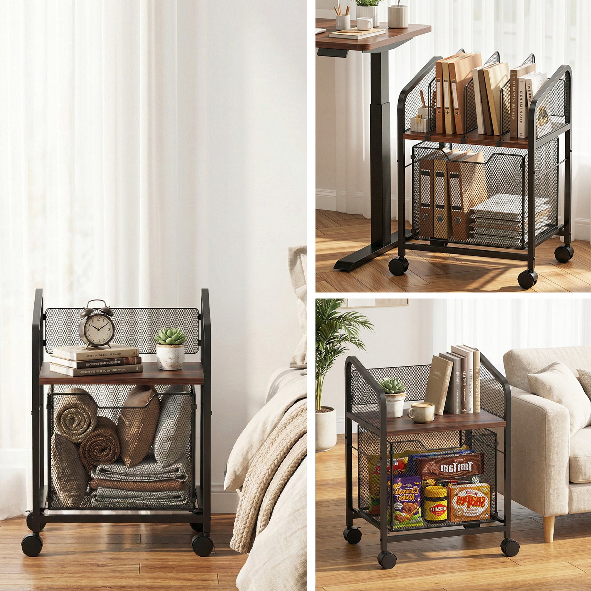 Rolling file cabinet organizer in a room setup with mesh sides and caster wheels
