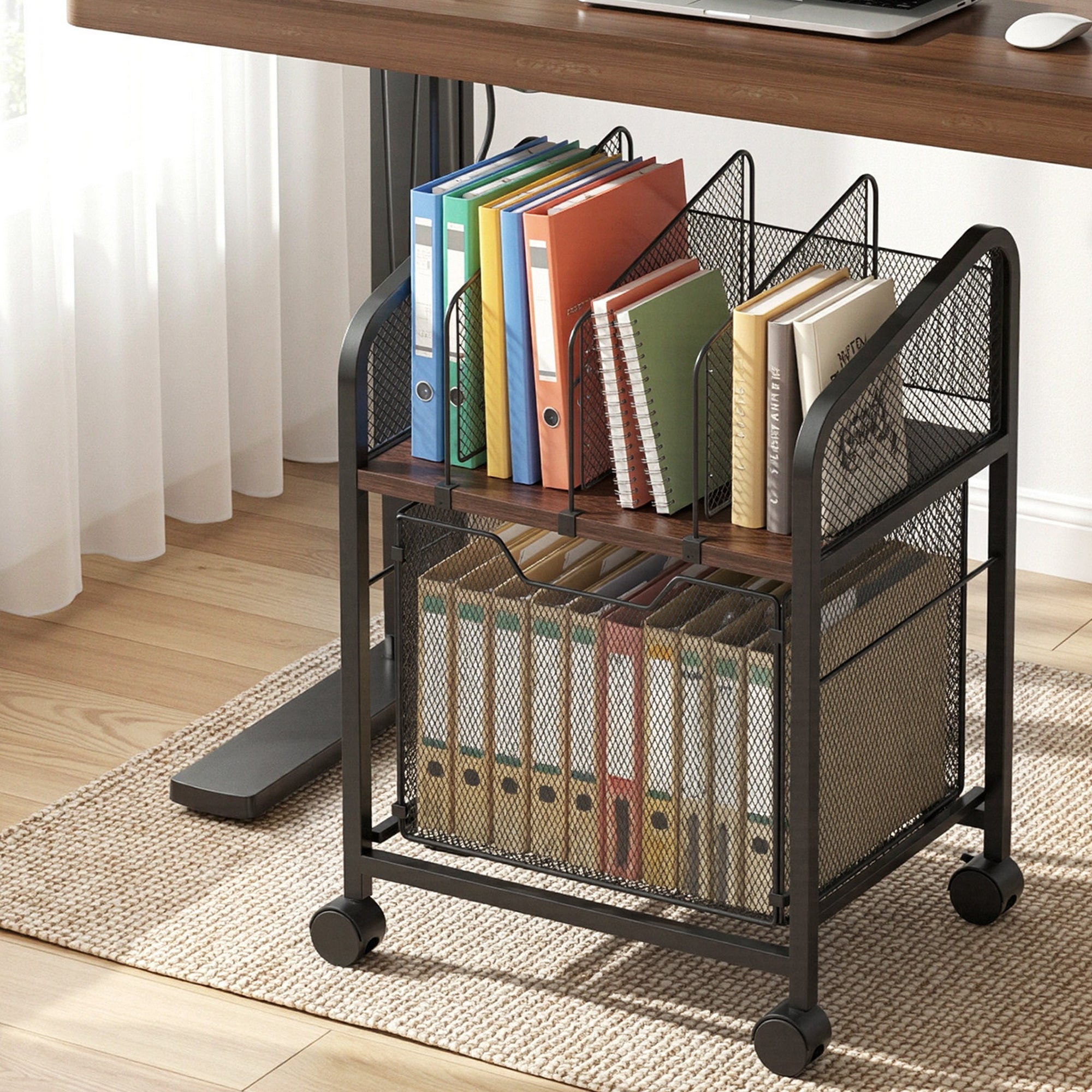 Rolling file cabinet organizer with books and files stored in mesh compartments