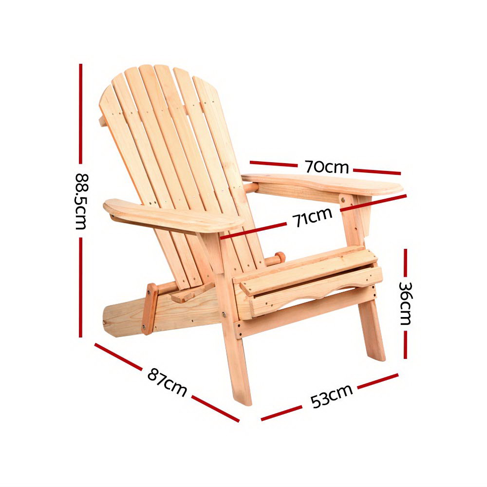 Wooden Adirondack chair with high back and armrests, natural finish, side view with dimensions