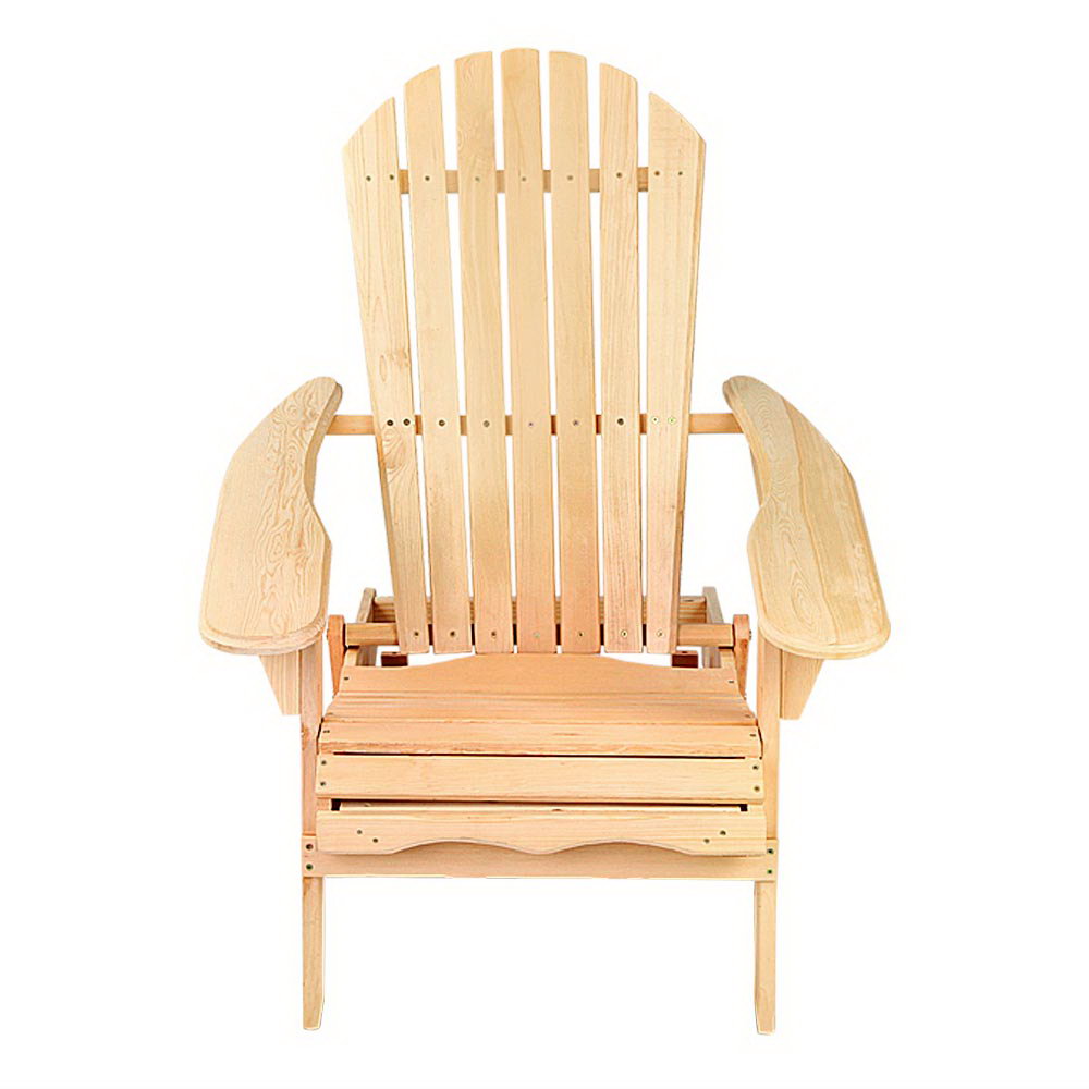 Wooden Adirondack chair, natural finish, high slatted back and curved armrests