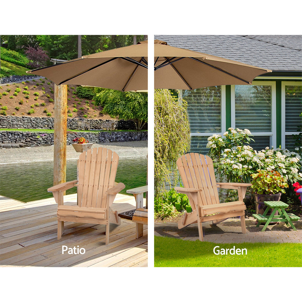 Set of 2 wooden Adirondack chairs, natural finish, on outdoor deck