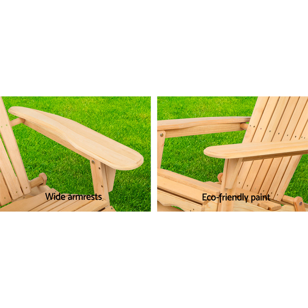 Wooden Adirondack chair armrest detail, natural finish, wide curved supports