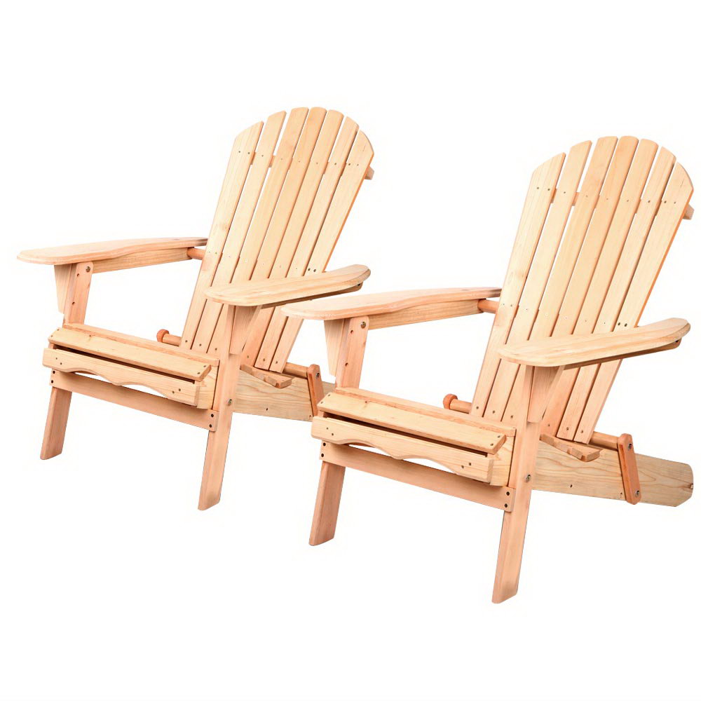 Set of 2 wooden Adirondack chairs, natural finish, slatted high backs with wide arms