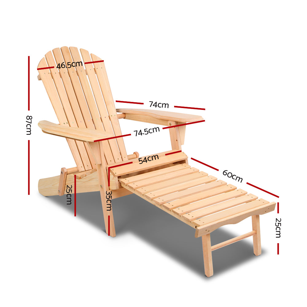 Wooden Adirondack-style lounge chair with labeled measurements and slatted ottoman