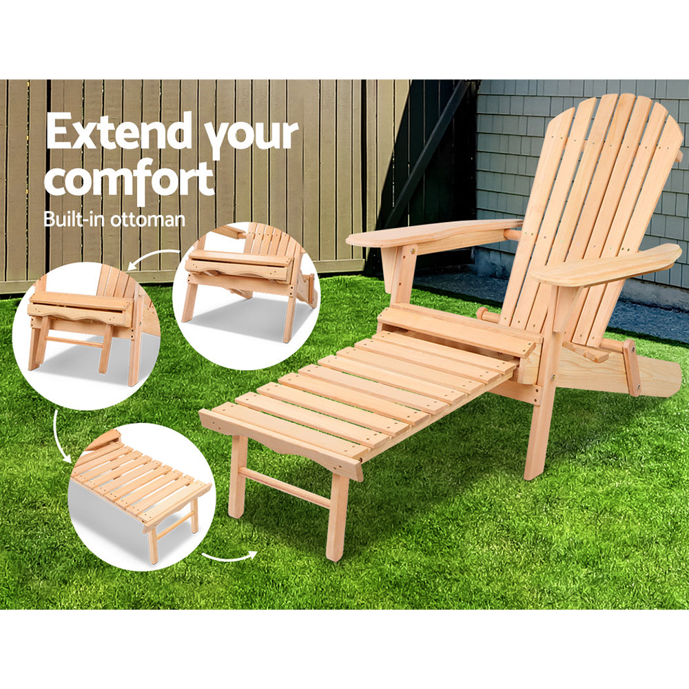 Natural wood outdoor lounge chair with high backrest and extended leg rest