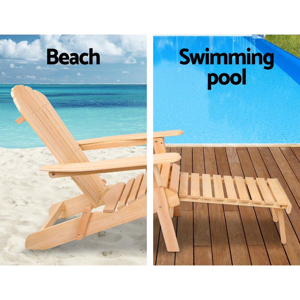 Natural wood Adirondack-style outdoor lounge chair with angled slatted backrest